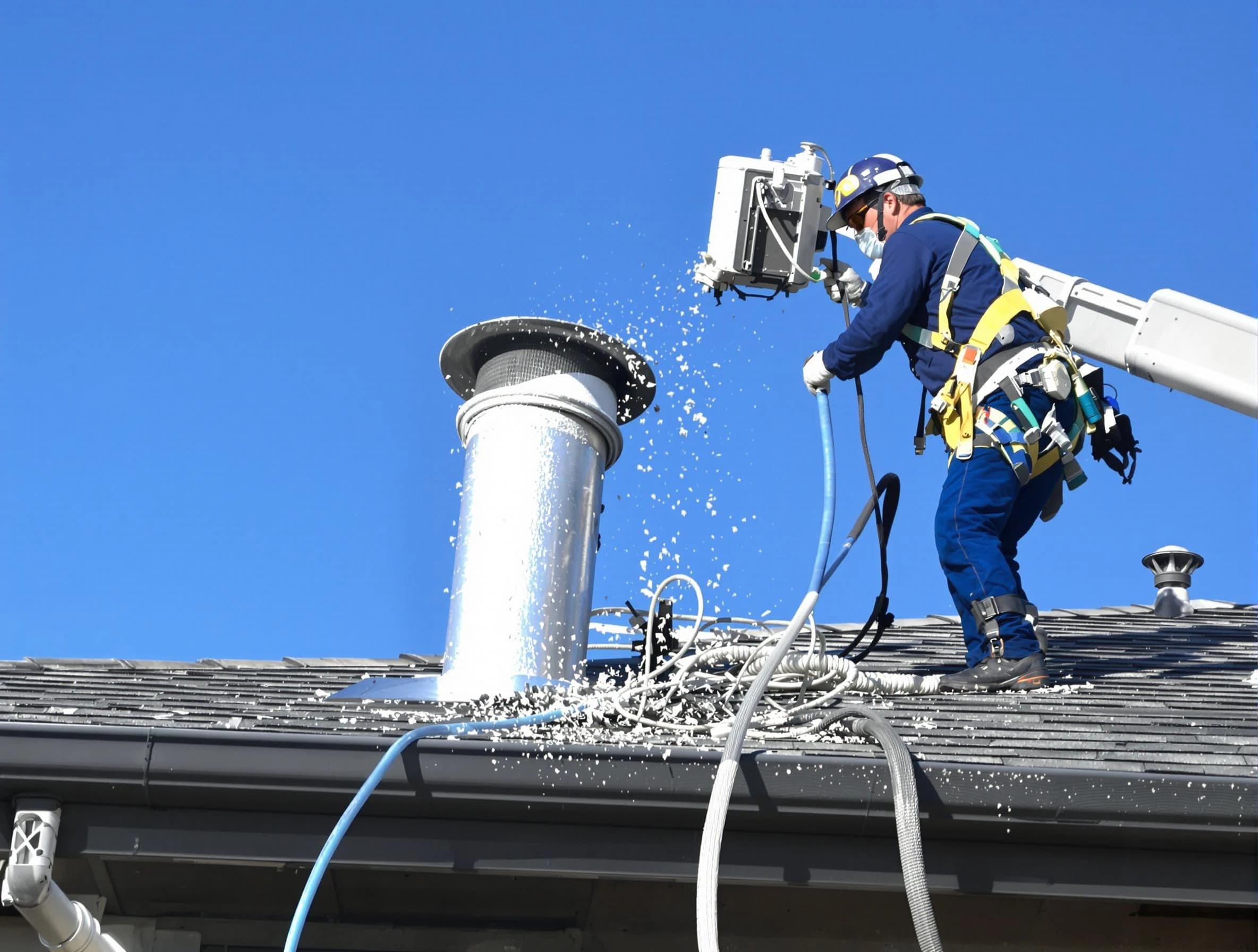 Heber Dryer Vent Cleaning certified technician safely cleaning a roof-mounted dryer vent in Heber