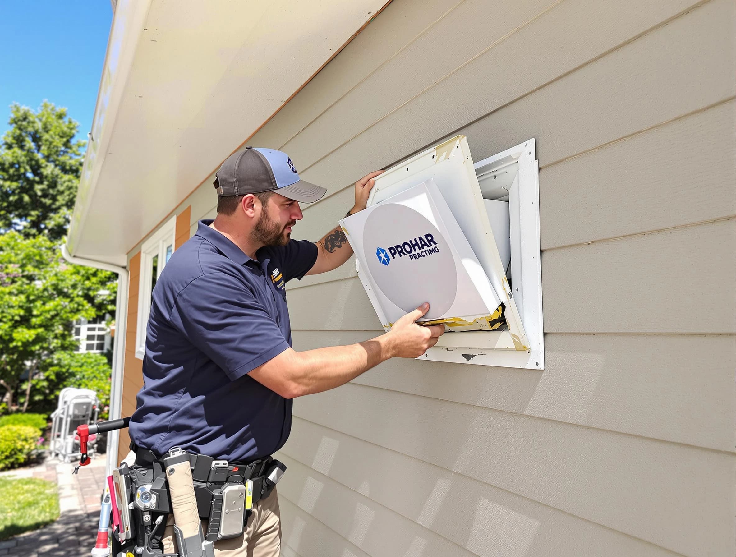 Heber Dryer Vent Cleaning technician installing a new protective dryer vent cover on a home in Heber