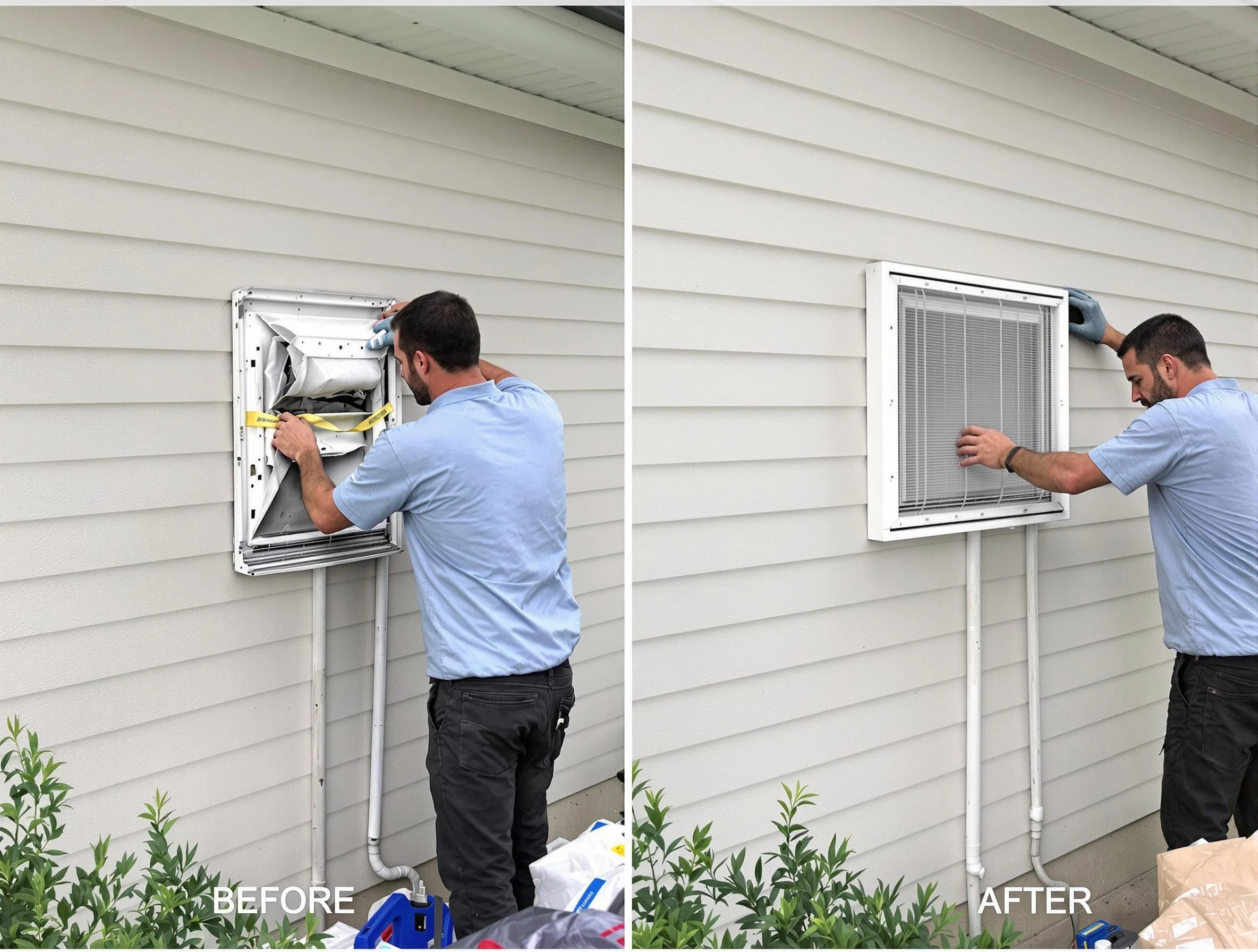 Heber Dryer Vent Cleaning technician installing high-quality dryer vent cover at a residential property in Heber